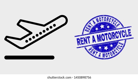Vector line airplane takeoff icon and Rent a Motorcycle seal stamp. Blue rounded grunge seal stamp with Rent a Motorcycle text. Black isolated airplane takeoff icon in line style.