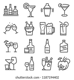 Vector line alcohol icons set. Shake, martini, beer, cocktail, margarita, coconut cocktail whiskeychampagne and more