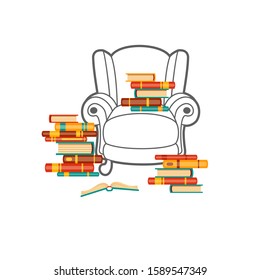 Vector line armchair with piles of books. Cute interior. Cosy cartoon contour furniture. Love reading. Bright seat for having rest. Home library. Studying