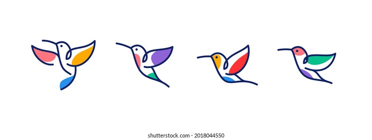 vector line art of abstract colorful hummingbird, colibri wall art design, minimal bird line logo icon illustration isolated on white background