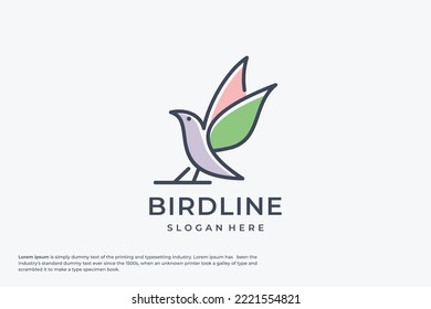 vector line art of abstract colorful bird, wall art design, minimal bird line logo icon illustration isolated on white background