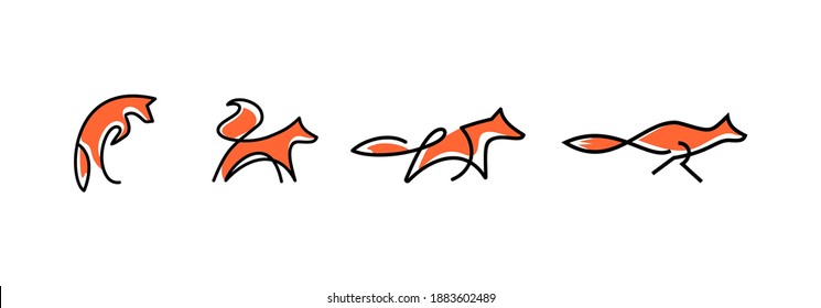 vector line art of abstract orange fox jumping and running, fox wall art design, minimal foxes line logo icon illustration isolated on white background