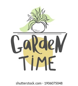 Vector line art with accent color. Lettering composition on the theme of the home garden. My secret garden, gardening time, spring. Logo, background, splash, wallpaper, website.
