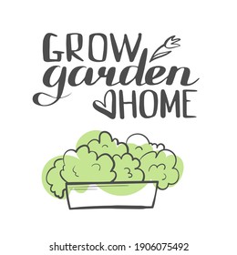 Vector line art with accent color. Lettering composition on the theme of the home garden. My secret garden, gardening time, spring. Logo, background, splash, wallpaper, website.