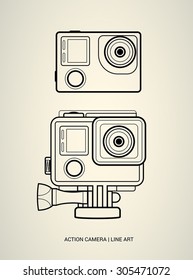 Vector line art action camera illustration isolated on white. Extreme gopro camera