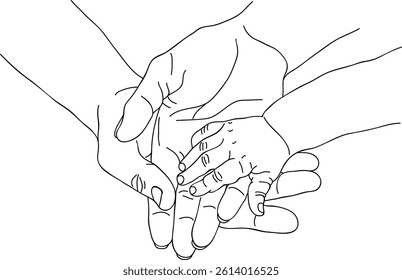 Vector line art of adult and baby hands stacked together, symbolizing family love and protection