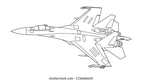 Vector line art airplane, concept design. Military plane black contour outline sketch illustration isolated on white background. Stroke without fill. Cower drawing. Black-white icon. Vehicle. Graphic