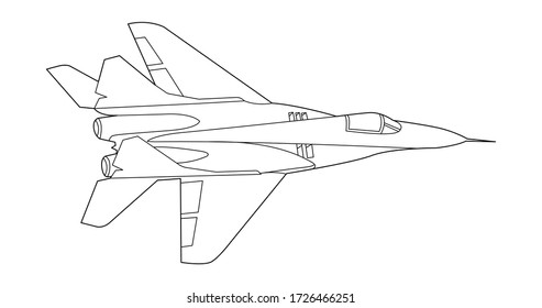 Vector line art airplane, concept design. Military plane black contour outline sketch illustration isolated on white background. Stroke without fill. Cower drawing. Black-white icon. Vehicle. Graphic