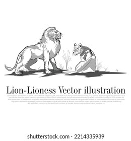 Vector line art of animals, Lion and Lioness vector illustration, Two predators chasing for prey