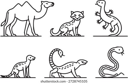 Vector line art of animals in minimal outline style. Includes wild, domestic, and farm animals for icons, educational materials, and illustrations.