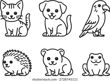 Arte de linha vetorial de animais em estilo de contorno mínimo. Inclui animais selvagens, domésticos e de fazenda para ícones, materiais educacionais e ilustrações.