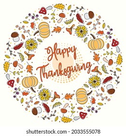 Vector line art autumn vegetables and flowers circling around the sun. Thanksgiving wreath with lettering in the center. Bright happy Thanksgiving day banner. The harvest season.