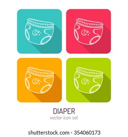 Vector line art baby diaper icon set in four color variations with flat style long shadows, baby store web interface design elements isolated on white