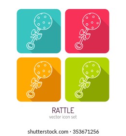 Vector line art baby rattle icon set in four color variations with flat style long shadows, baby store web interface design elements isolated on white