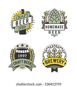 Vector Line Art Badge. Craft Beer Logo. Vintage Label for Brew House or Pub. Retro Brewery Template and Design Element. 