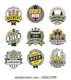 Vector Line Art Badge. Craft Beer Logo. Vintage Label for Brew House or Pub. Retro Brewery Template and Design Element. 