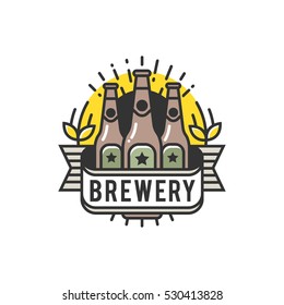 Vector Line Art Badge. Craft Beer Logo. Vintage Label for Brew House or Pub. Retro Brewery Template and Design Element. 