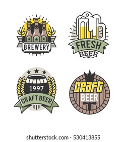 Vector Line Art Badge. Craft Beer Logo. Vintage Label for Brew House or Pub. Retro Brewery Template and Design Element. 