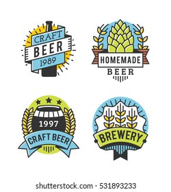 Vector Line Art Badge. Craft Beer Logo. Vintage Label for Brew House or Pub. Retro Brewery Template and Design Element. 