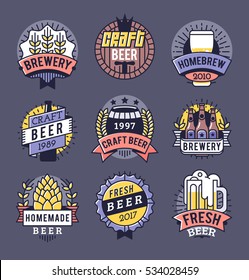 Vector Line Art Badge. Craft Beer Logo. Vintage Label For Brew House Or Pub. Retro Brewery Template And Design Element.