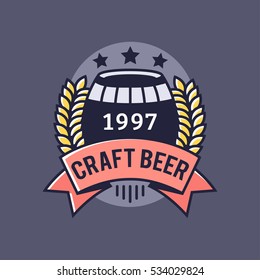 Vector Line Art Badge. Craft Beer Logo. Vintage Label for Brew House or Pub. Retro Brewery Template and Design Element.