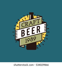 Vector Line Art Badge. Craft Beer Logo. Vintage Label for Brew House or Pub. Retro Brewery Template and Design Element.