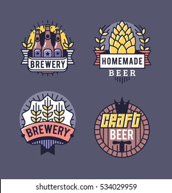 Vector Line Art Badge. Craft Beer Logo. Vintage Label for Brew House or Pub. Retro Brewery Template and Design Element.