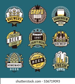 Vector Line Art Badge. Craft Beer Logo. Vintage Label For Brew House Or Pub. Retro Brewery Template And Design Element