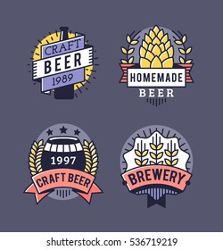 Vector Line Art Badge. Craft Beer Logo. Vintage Label for Brew House or Pub. Retro Brewery Template and Design Element