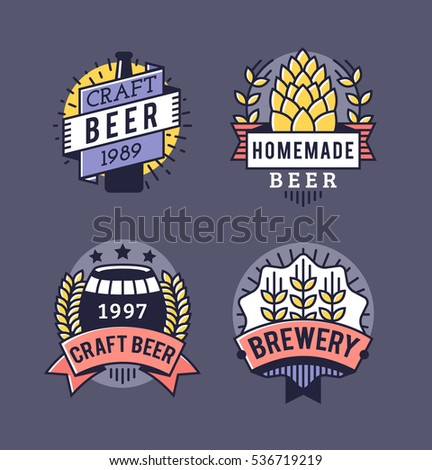 Vector Line Art Badge. Craft Beer Logo. Vintage Label for Brew House or Pub. Retro Brewery Template and Design Element