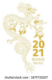 Vector line art banner with a illustration of cute Chinese performing a Dragon Dance. Chinese design elements for good luck  in the New Year. Chine spring festival. Translation: Happy New Year!