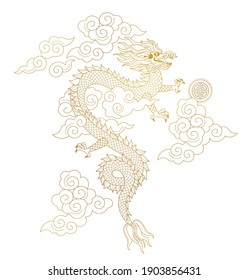 Vector line art banner with an illustration of a cute Chinese Dragon among clouds. Dragon and Pearl. Dragon Dance. Chinese design element. Chine spring festival.