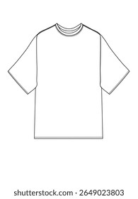 Vector Line Art of Basic T-Shirt Design. Flat technical sketch of oversized short sleeve t-shirt with crew neck and drop shoulders, clean line art template for fashion design or garment production