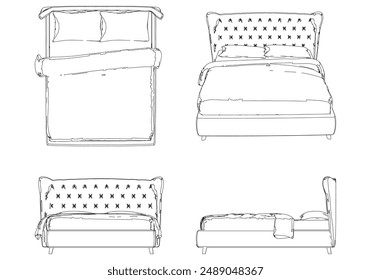 Vector Line Art of Bed. Interior Design and Bedroom Decoration Concepts with Front, Side, and Top Views