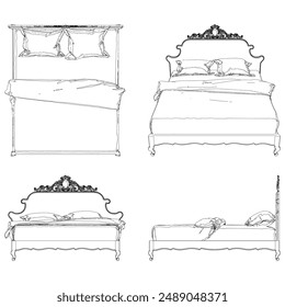 Vector Line Art of Bed. Interior Design and Bedroom Decoration Concepts with Front, Side, and Top Views