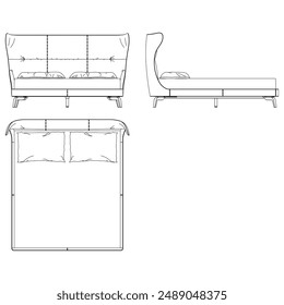 Línea de Vector Arte de la cama. Conceptos de decoración de interiores y dormitorios con vistas frontales, laterales y superiores