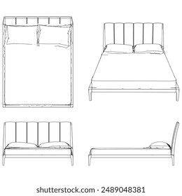 Vector Line Art of Bed. Interior Design and Bedroom Decoration Concepts with Front, Side, and Top Views