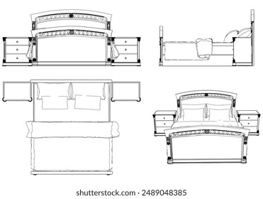 Vector Line Art of Bed. Interior Design and Bedroom Decoration Concepts with Front, Side, and Top Views