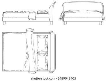 Línea de Vector Arte de la cama. Conceptos de decoración de interiores y dormitorios con vistas frontales, laterales y superiores