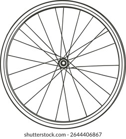 Vector line art of a bicycle wheel with detailed spokes in circular symmetry, ideal for transportation, cycling, and mechanical design concepts in digital or print artwork projects.