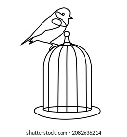 Vector line art. Bird on the cage. Coloring elements for invitation cards.