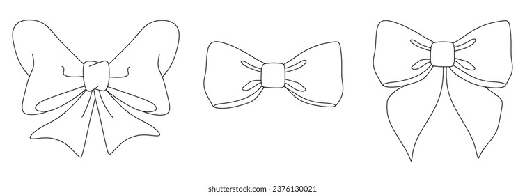 Arte de la línea de vectores de borde blanco y negro o doblado de regalo con contorno, conjunto de iconos de corte aislado en fondo blanco. Colección Bows. Plantilla de diseño de Bow	