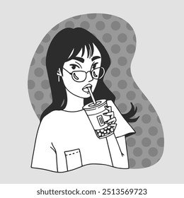 Vektor Linie Kunst schwarz-weiß Illustration von Mädchen. Grauer Polka-Punkt-Hintergrund. Mädchen mit einem Blasentee.