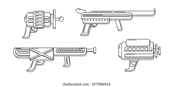 Vector line art blasters collection. Toy gun set coloring page. Futuristic weapon design. Space game gun outline icons on white background.