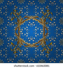 Vector line art border for design template. Golden outline floral decor. Eastern style element. Golden element on blue background. Vector illustration for invitations, cards, certificate, web page.
