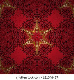 Vector line art border for design template. Golden element on red background. Golden outline floral decor. Eastern style element. Vector illustration for invitations, cards, certificate, web page.