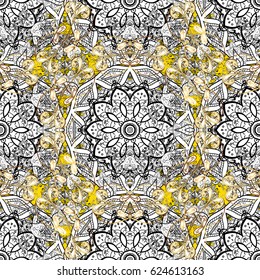 Vector line art border for design template. Vector illustration for invitations, cards, certificate, web page. Eastern style element. Golden outline floral decor. Golden element on yellow background.