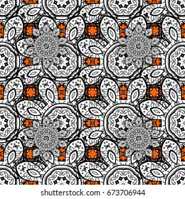 Vector line art border for design template. White element on orange background. White outline floral decor. Eastern style element. Vector illustration for invitations, cards, certificate, web page.