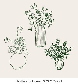 Vector line art bouquets of wildflower and garden flowers in vases. Hand-drawn flowers isolated on white background. Holiday floral Illustration for design, print, fabric, background.
