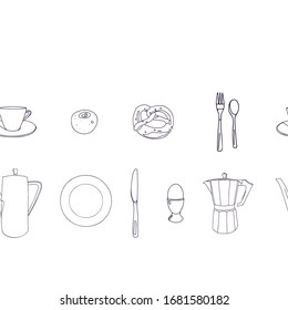 Vector line art breakfast border with porcelain, food and coffee pot. Breakfast, bar, hotel, restaurant, menue.